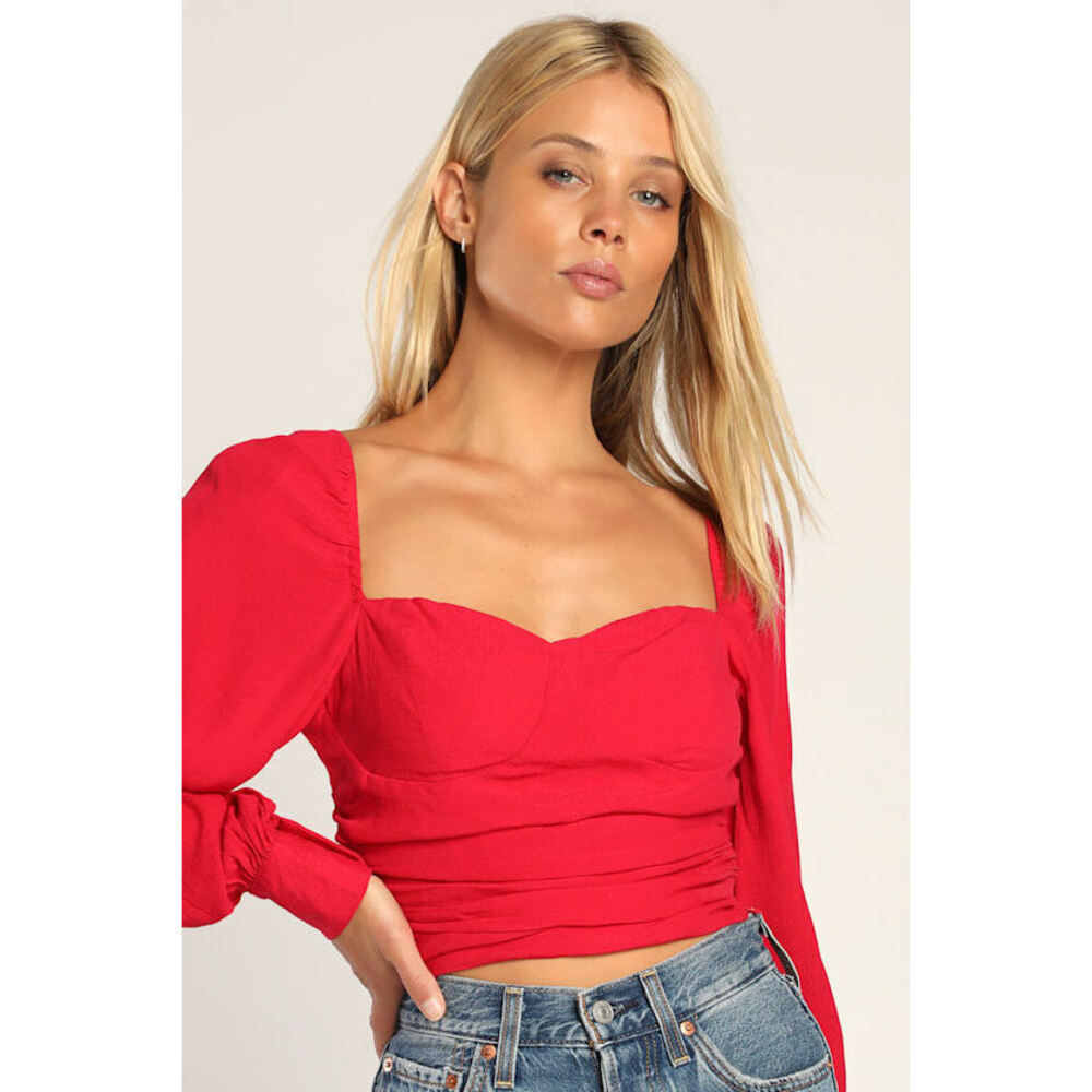 Lulus Stylish Season Bright Red Ruched Long Sleeve Top - Size M